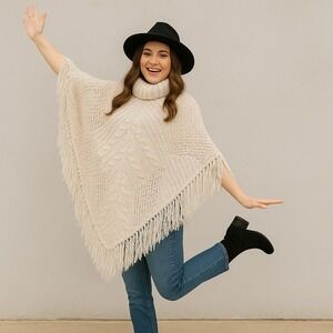 Altar'd State XS Cream Knit‎ Fringe Poncho Sweater Cowl Neck Boho Cozy Fall